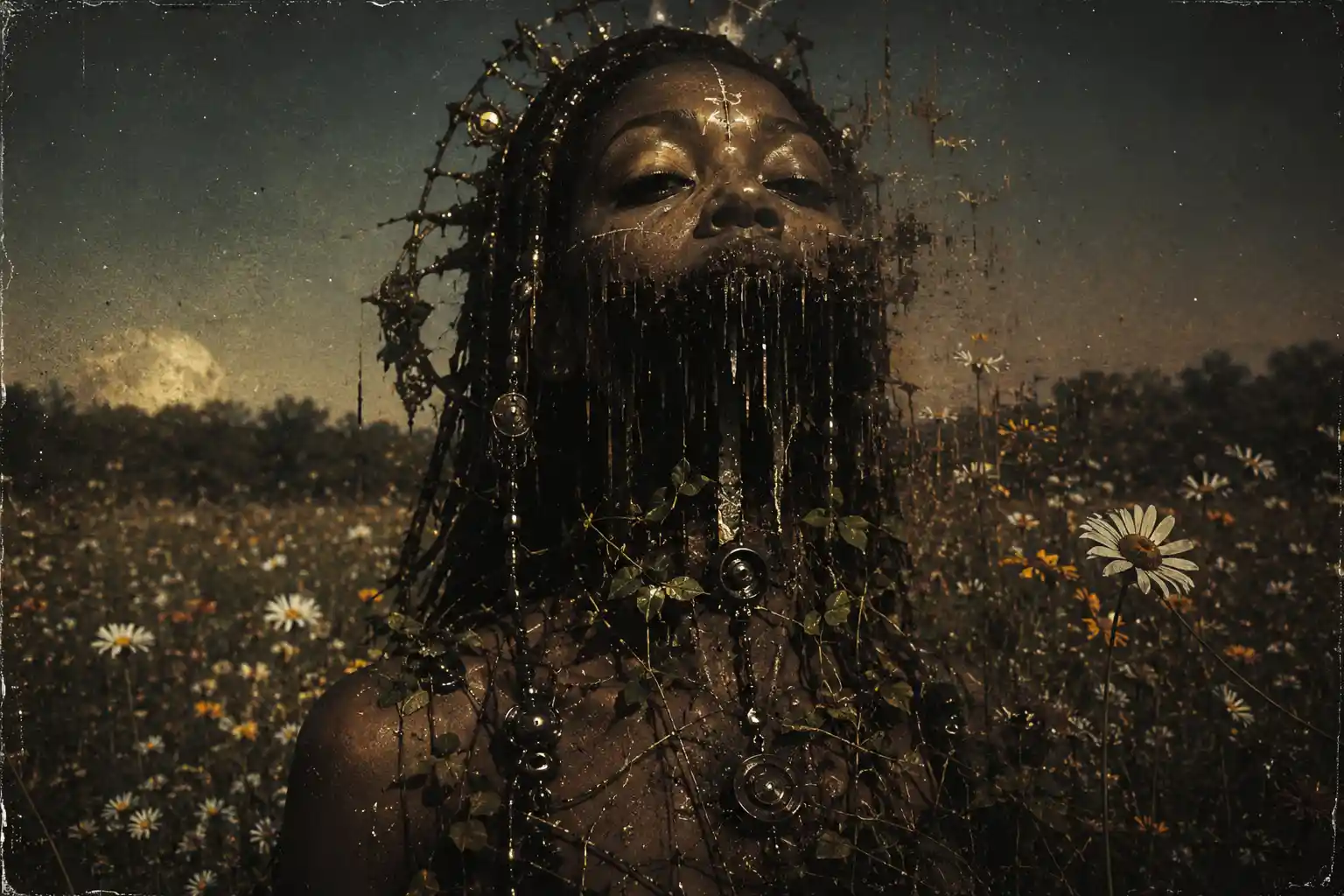 Surreal woman dissolving in a wildflower field at night