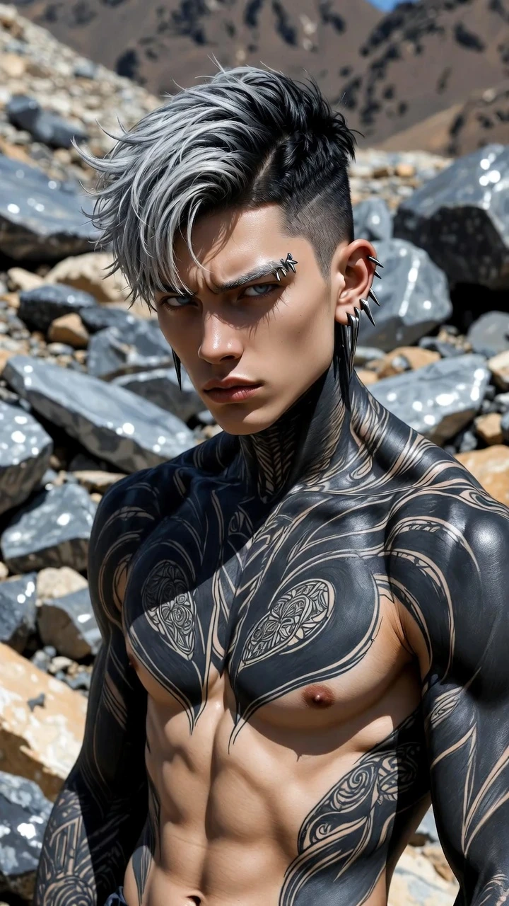 Tattooed muscular man in rocky outdoor manga scene