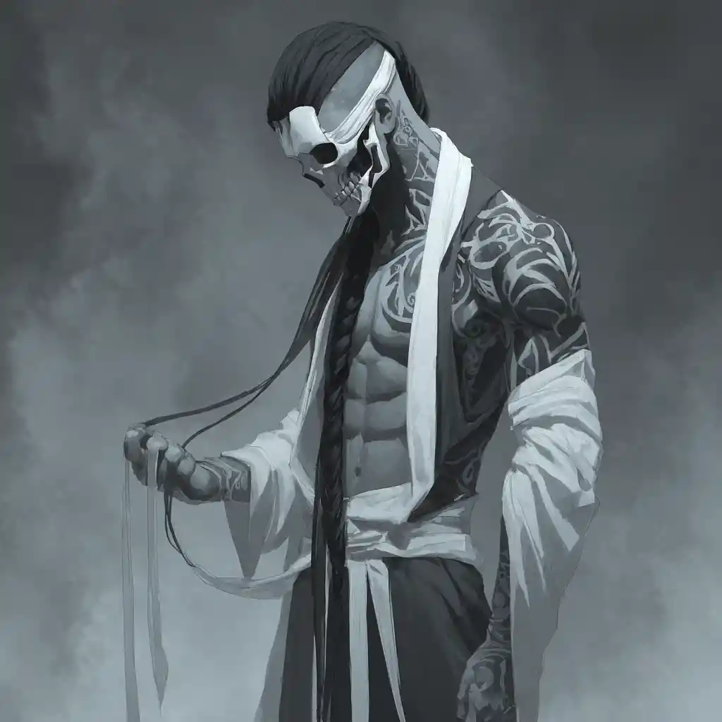 Dark fantasy monk with death mask and braided hair