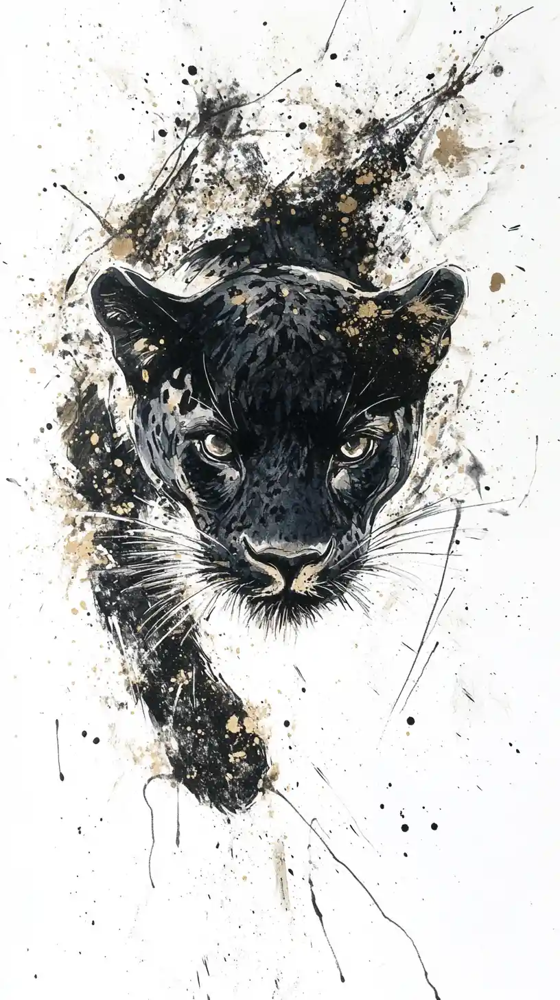 Pantera que se disuelve en tinta y acuarela con alas abstractas
