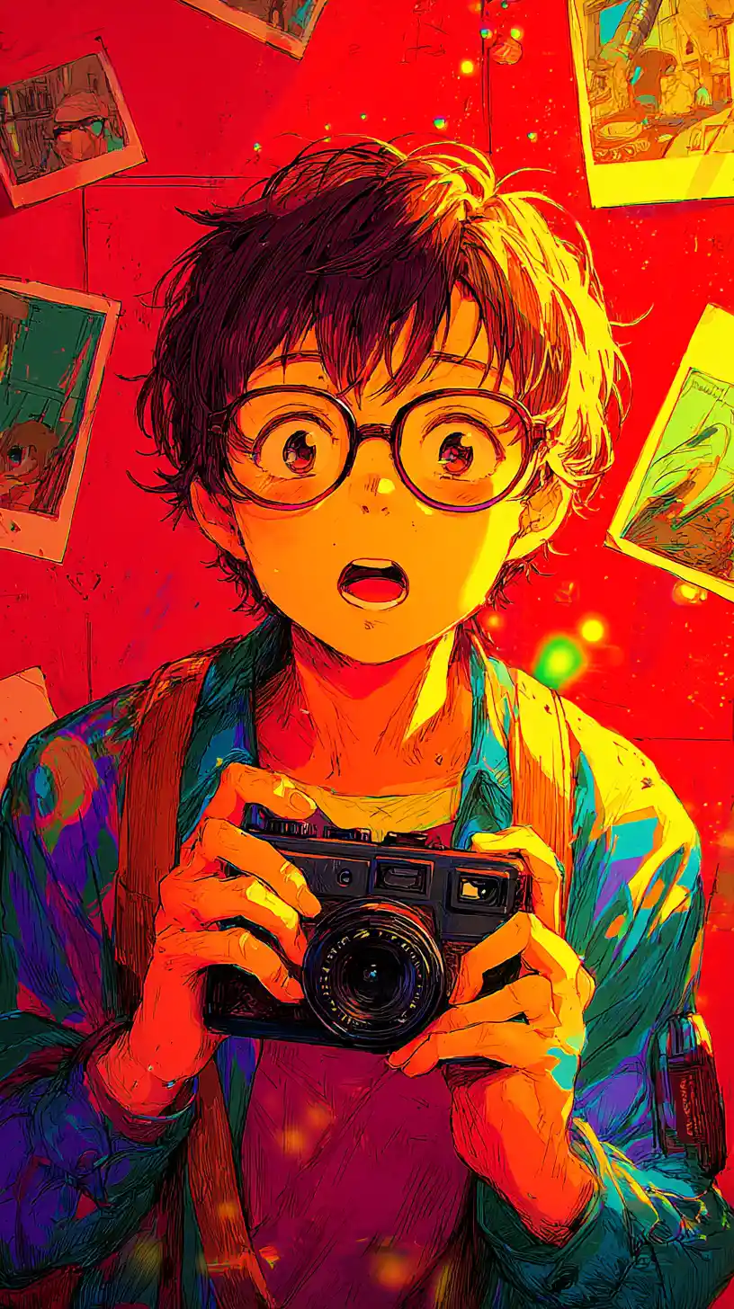 Anime boy studying a vintage camera in close up