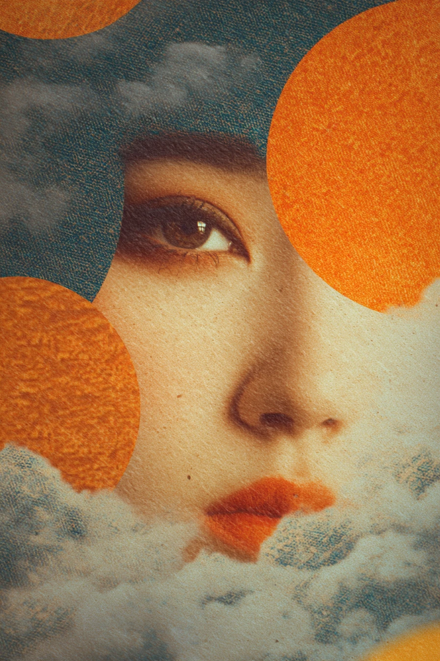 Collage surrealista naranja de belleza y silenciosa tristeza