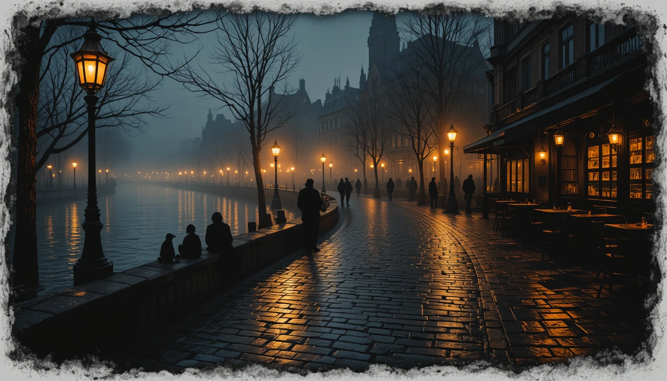Foggy riverside path lit by glowing gas street lamps