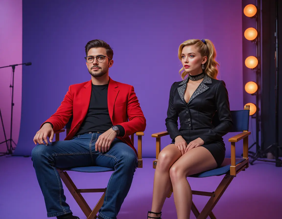 Man and woman seated on director chairs in studio