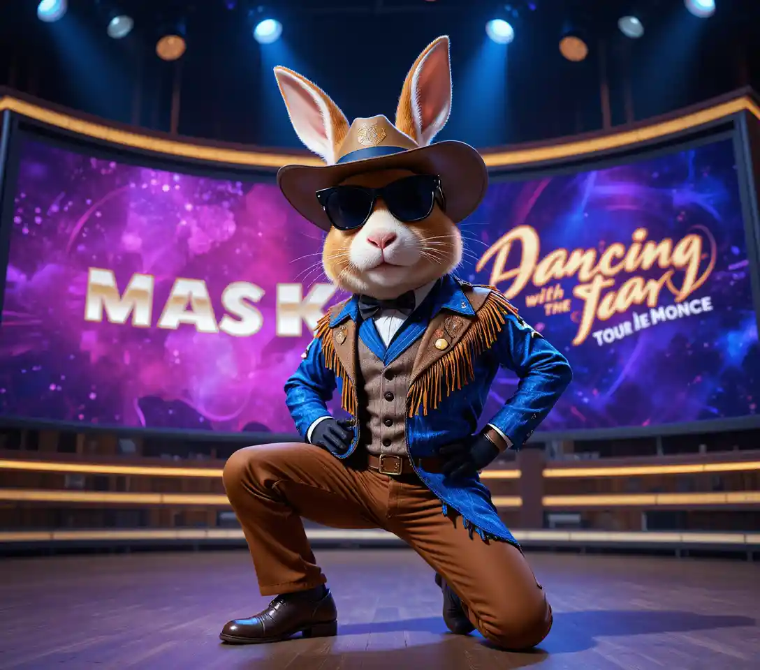 Présentateur lapin anthropomorphe sur plateau TV éclairé au néon