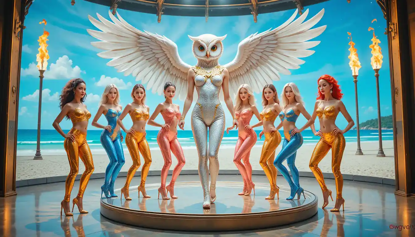 Owl costumed performer leading dancers on surreal beach stage