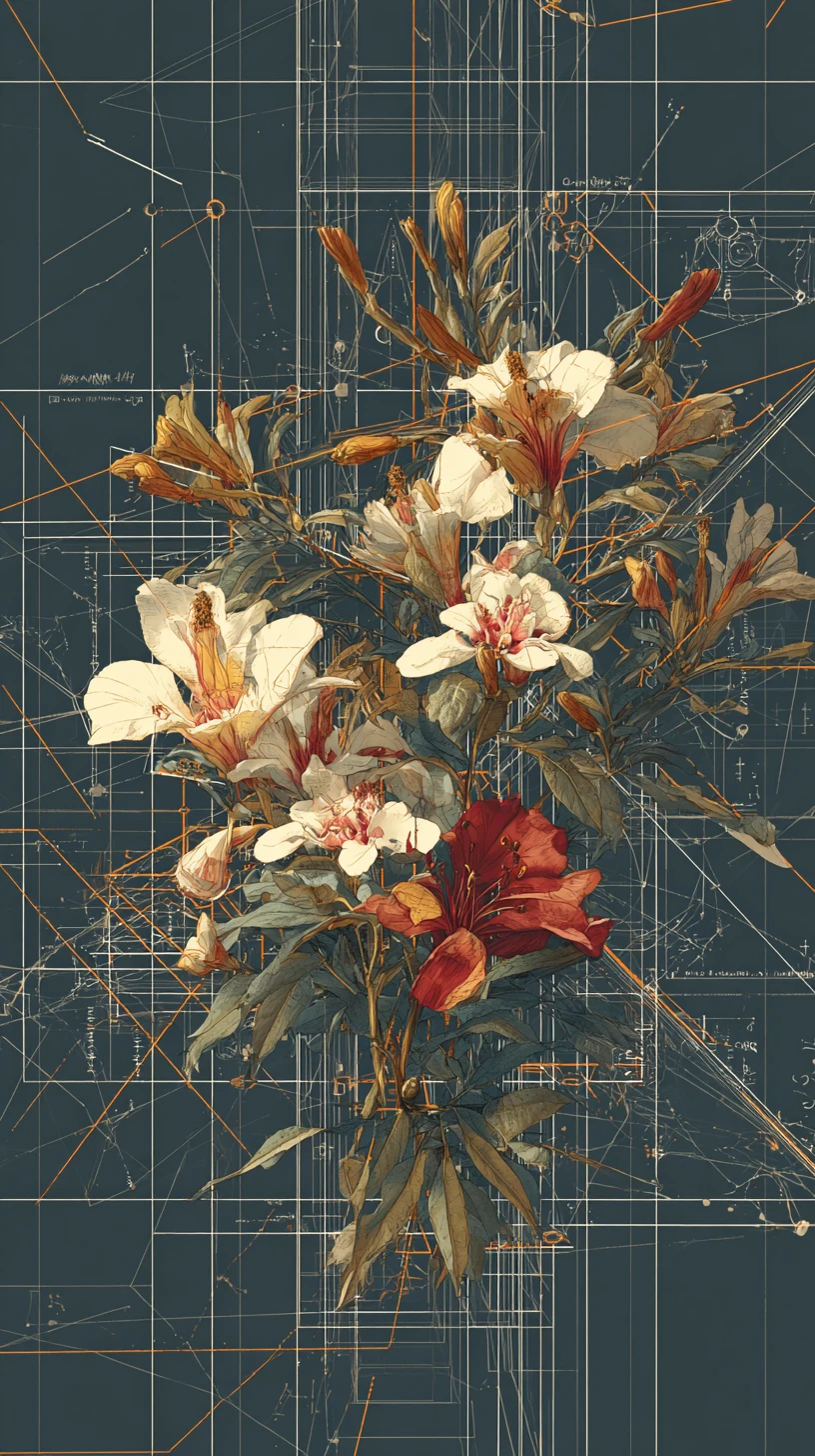 Geometric framework merged with organic flowers and glowing lines
