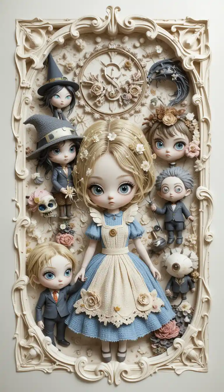 Chibi 3D girl in a surreal fantasy wonderland scene