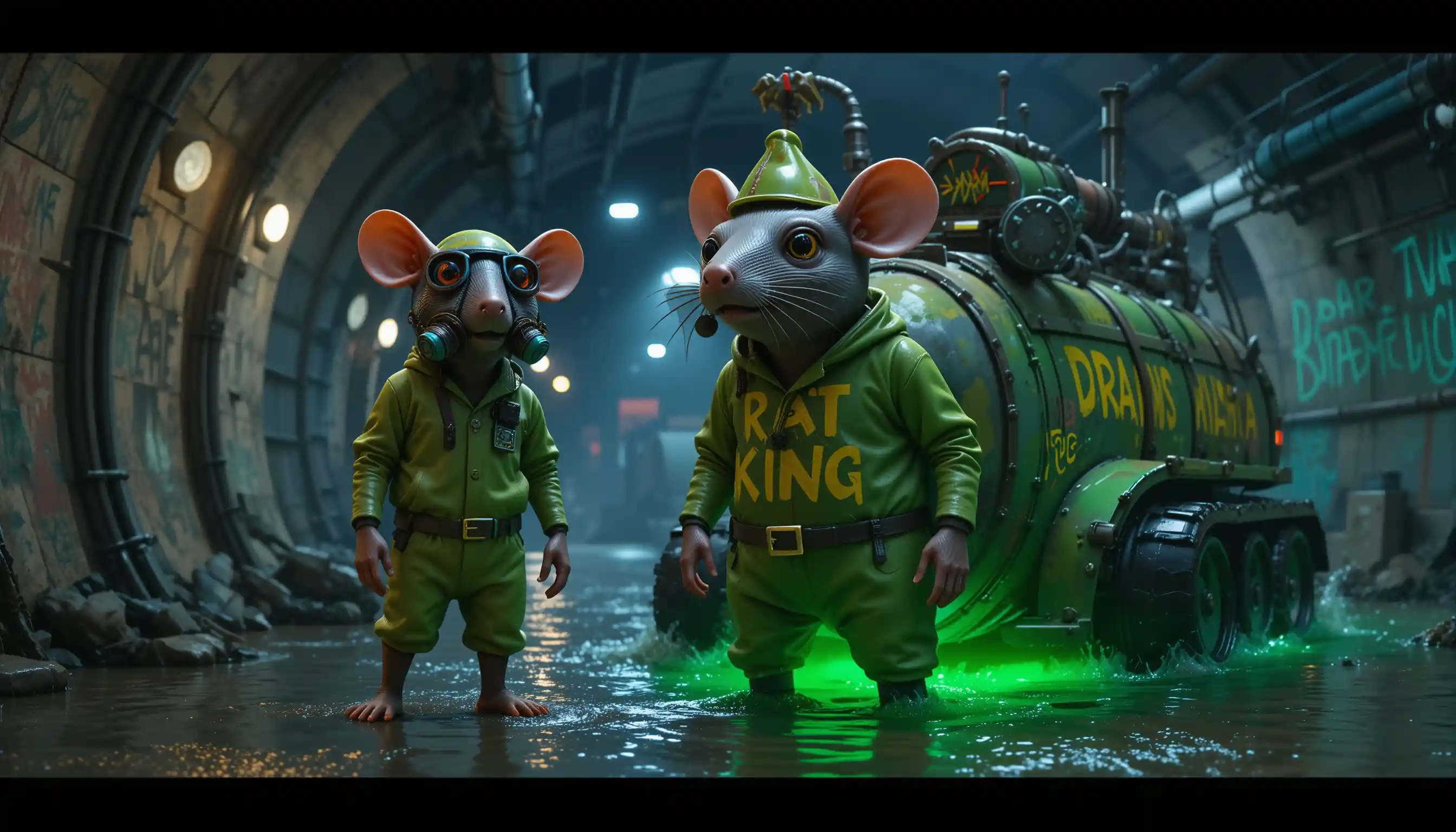 Anthropomorphic rat sewer master beside amphibious green vehicle