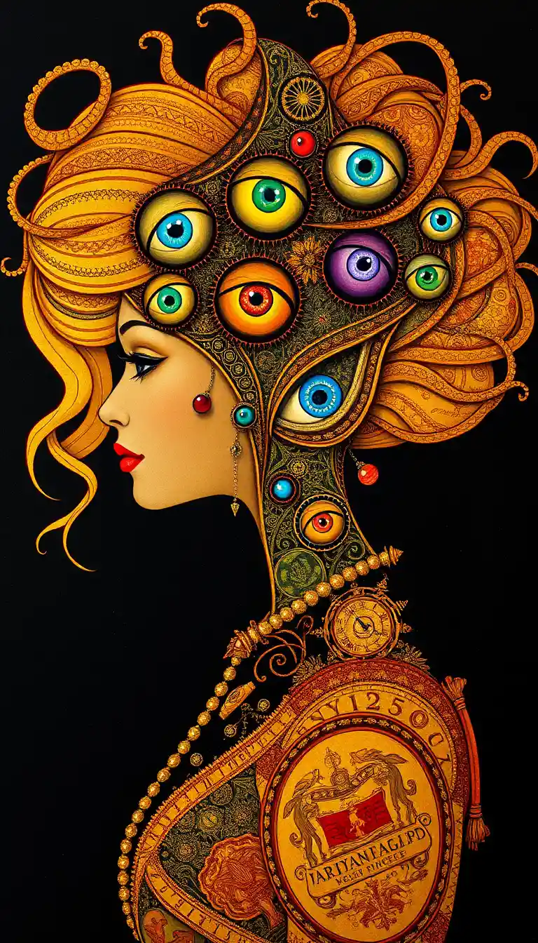 Surreal portrait of a woman with vibrant eyes in flowing hair