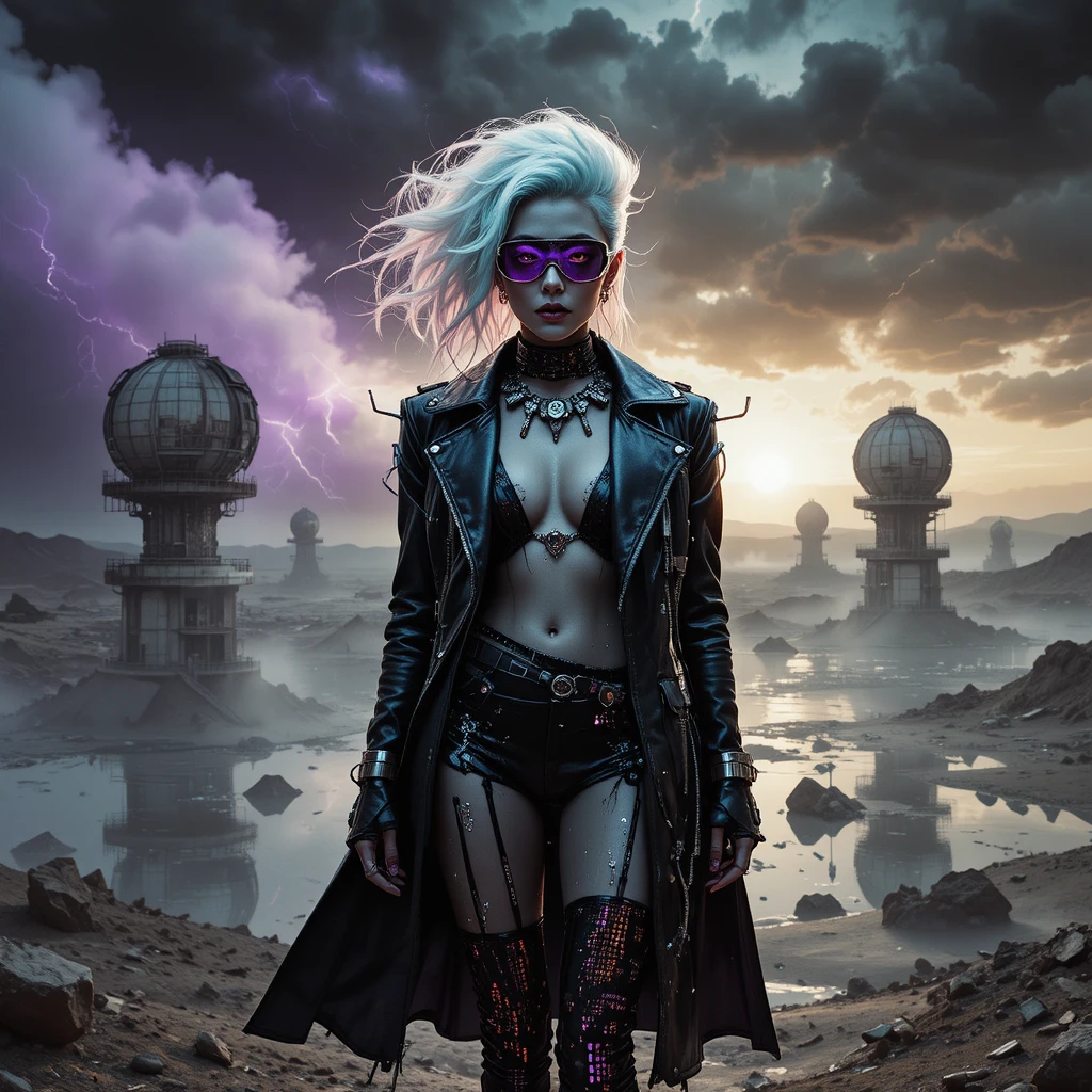 Cyberpunk outlaw queen above a flooded desert observatory
