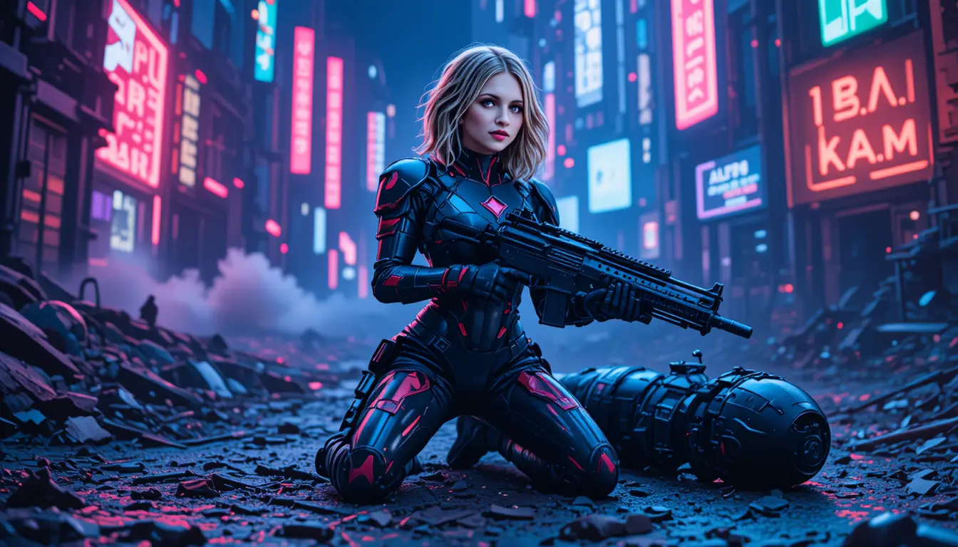 Armored sci fi woman kneeling with rifle in battle ruins