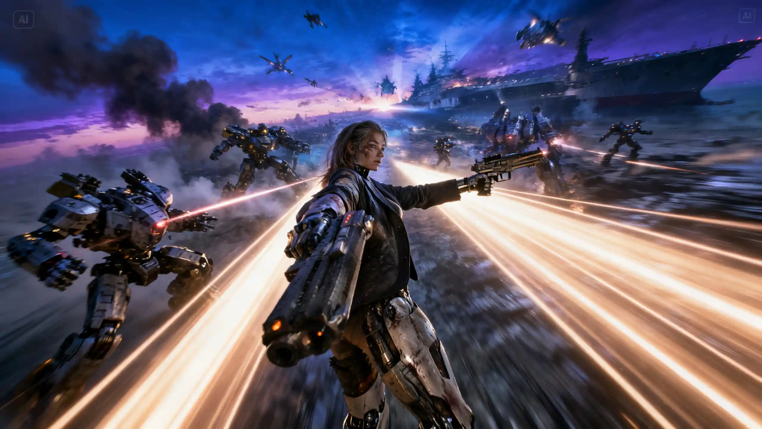 Cyborg woman in armor under twilight sky with robots