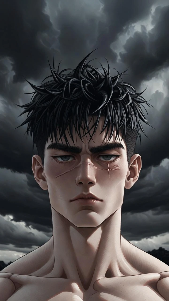 Stoic muscular man under a dramatic stormy sky