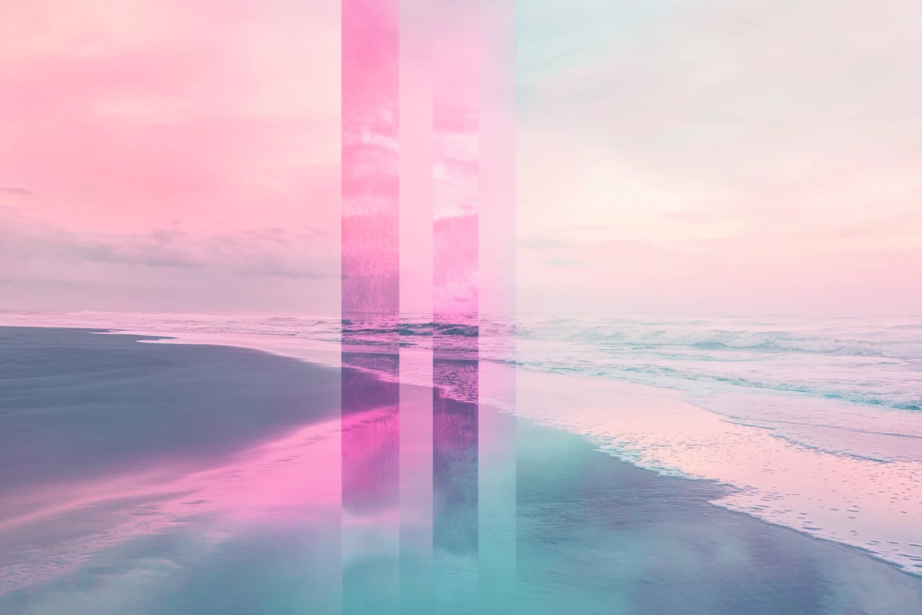 Surreal serene beachside rendered in pastel metallic tones