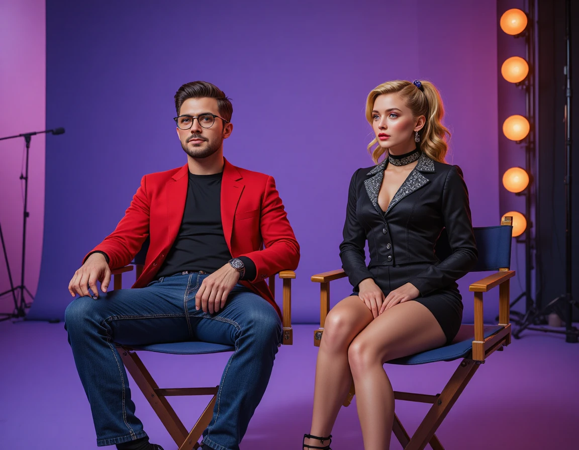 Man and woman seated on director chairs in studio