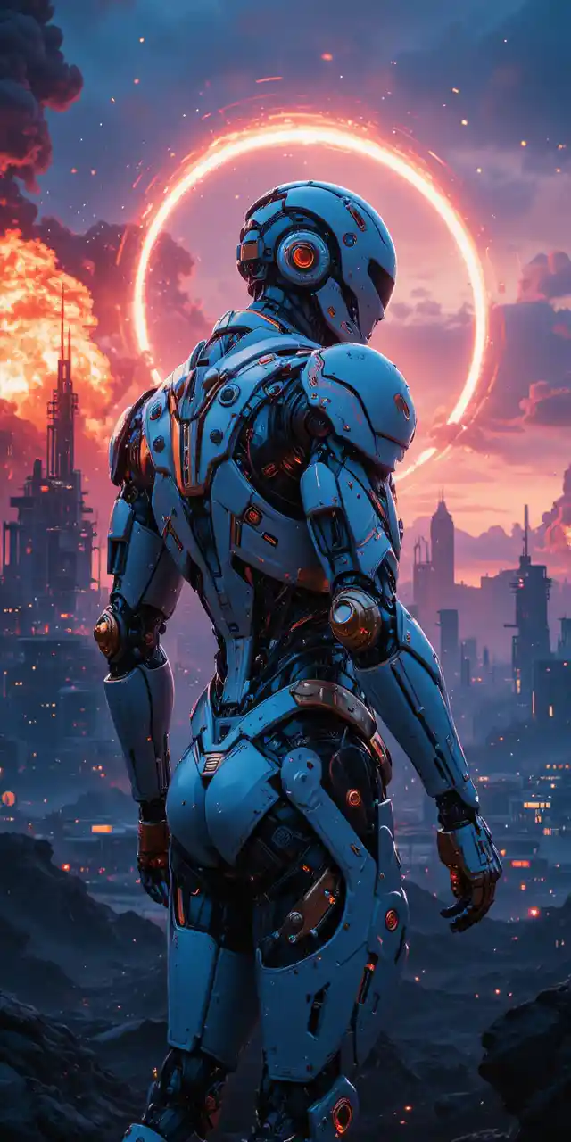 Guerriero mecha dorato al tramonto sopra una città futuristica