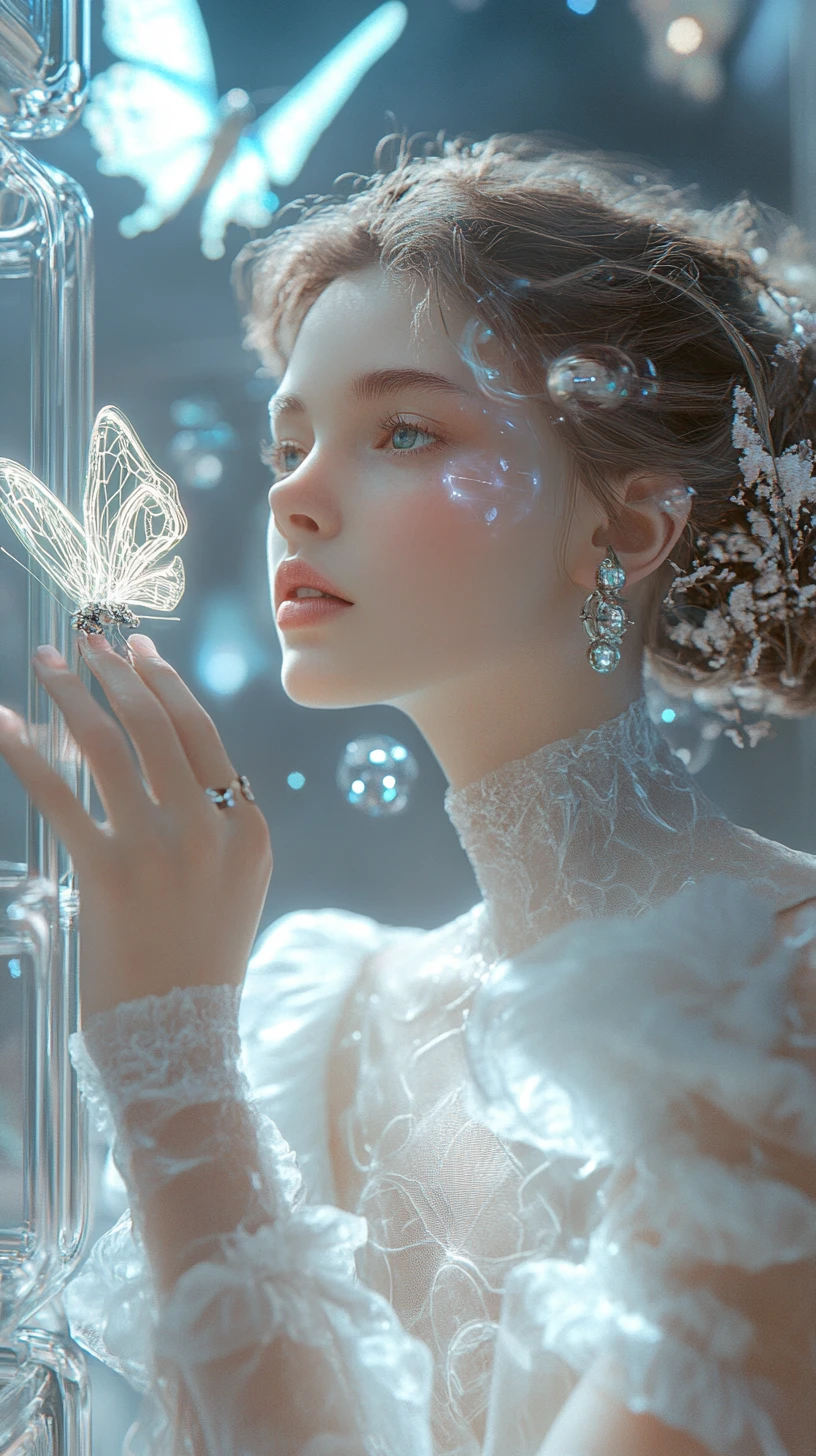 Modelo de alta costura con mariposa robótica en invernadero marciano