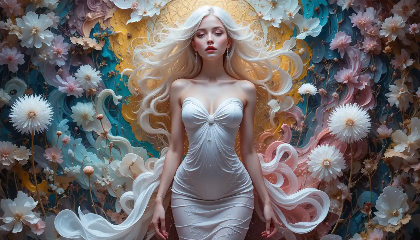 Surreal albino woman in formfitting dress with dandelion