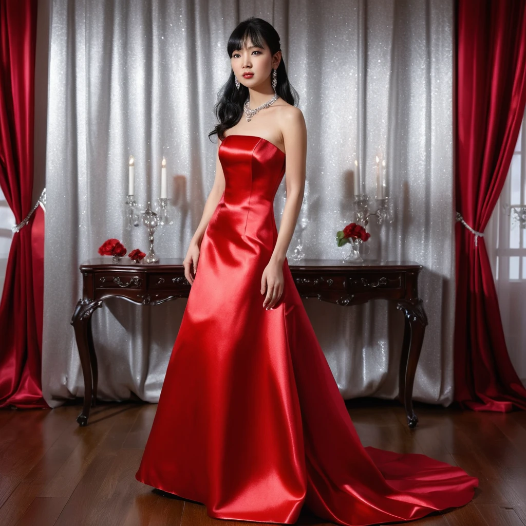 Elegant Japanese woman in scarlet satin strapless gown