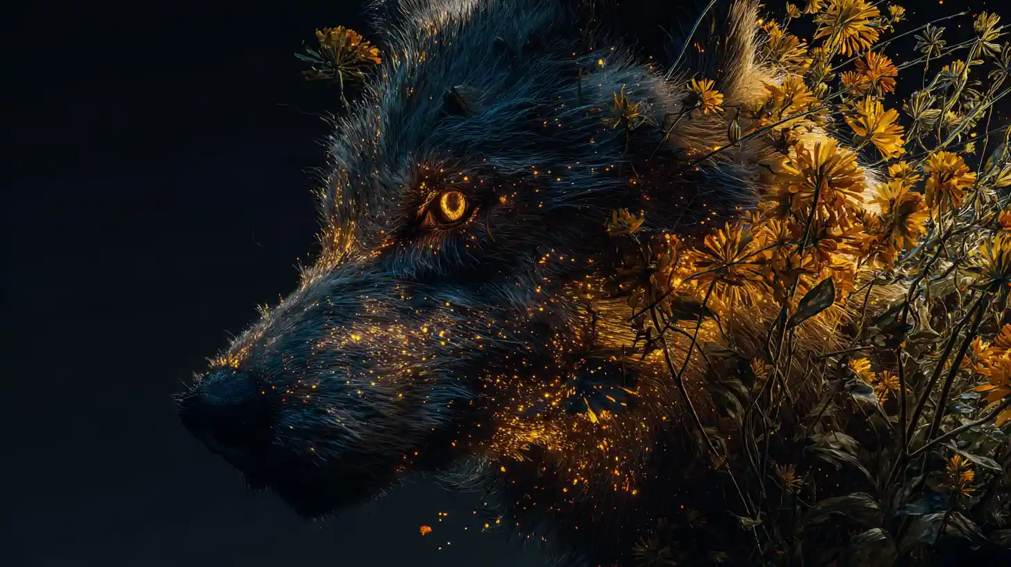 Mystical Wolf Head Emerging From Wildflowers In Darkness