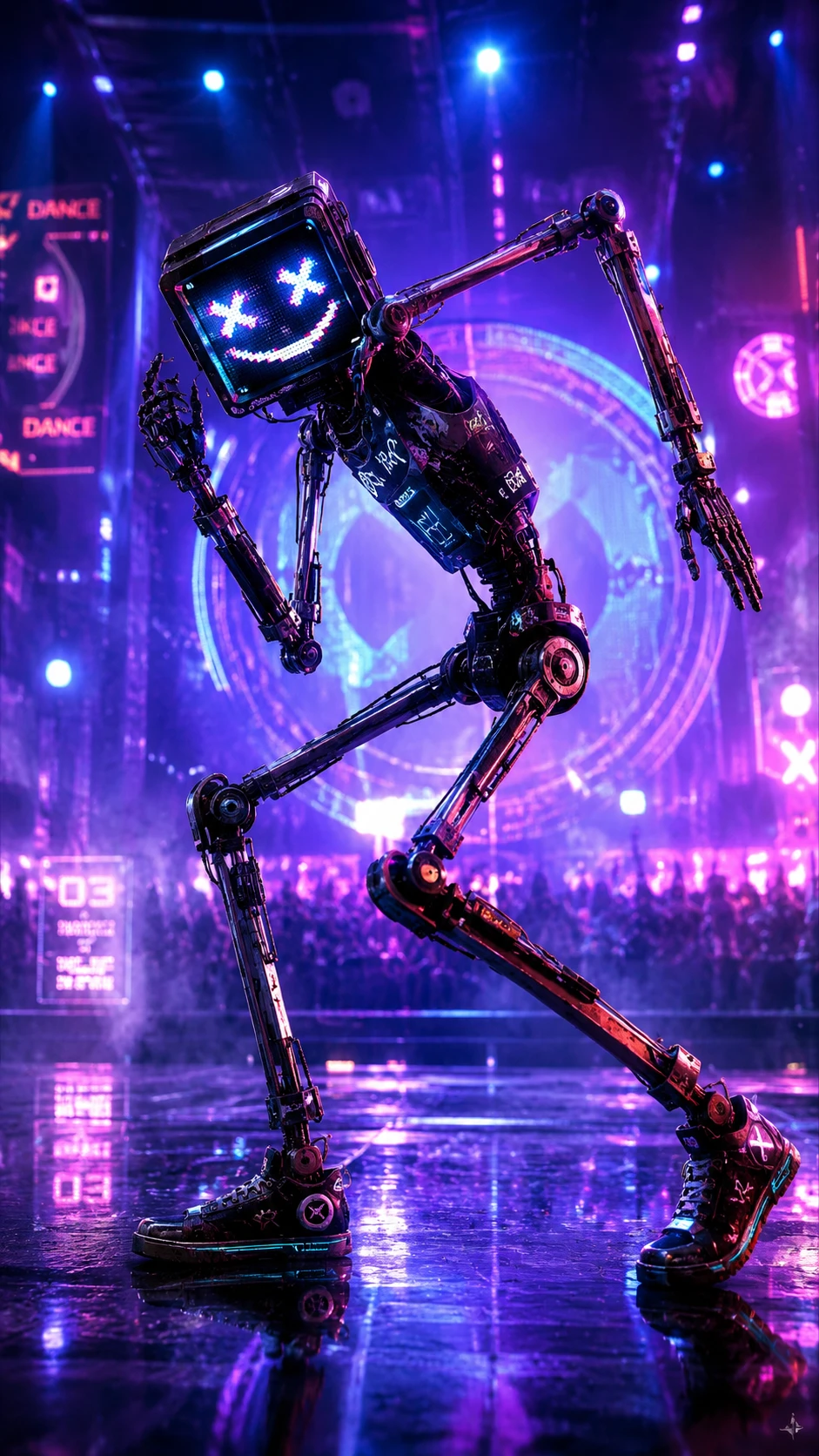 Skinny humanoid robot dancing on neon concert stage