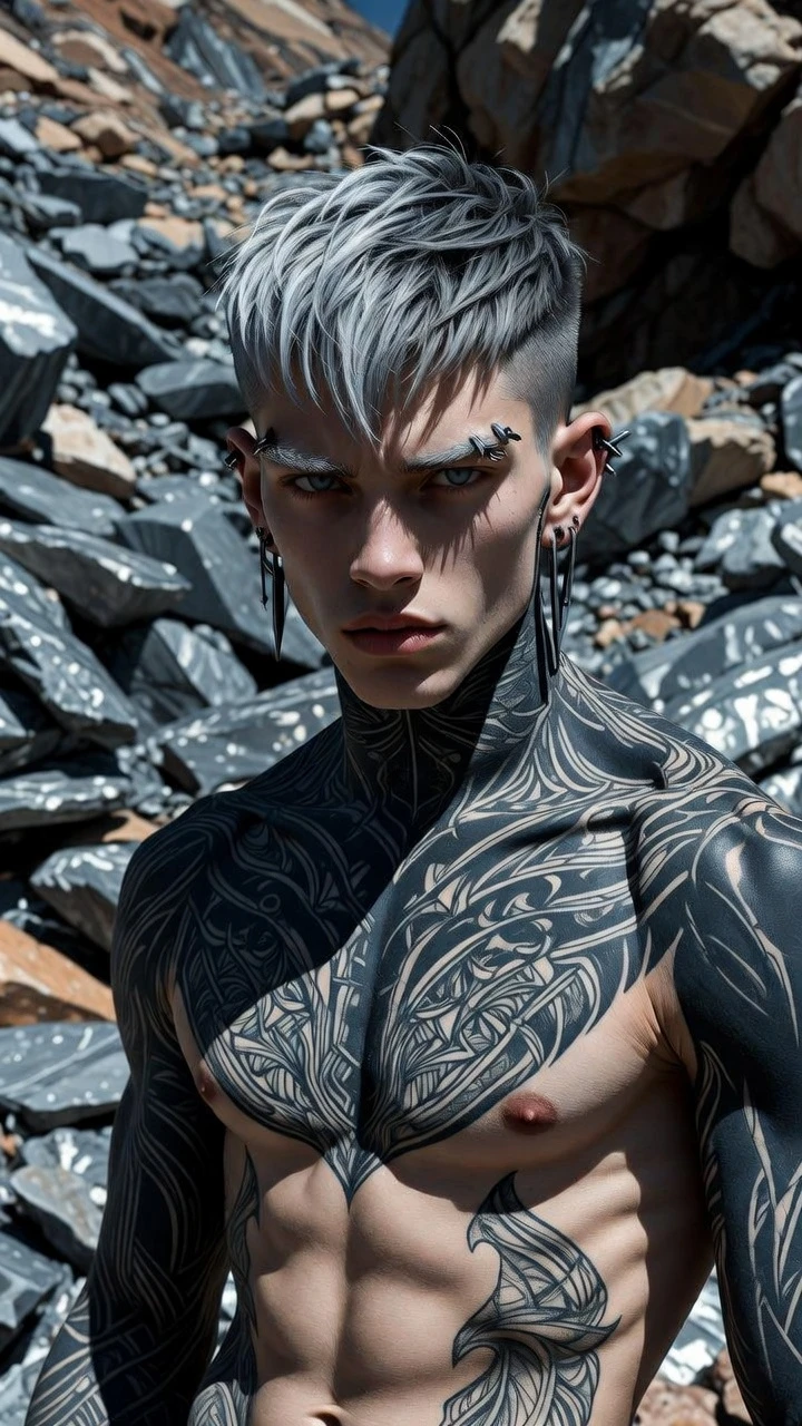 Tattooed muscular man in rocky landscape under harsh light