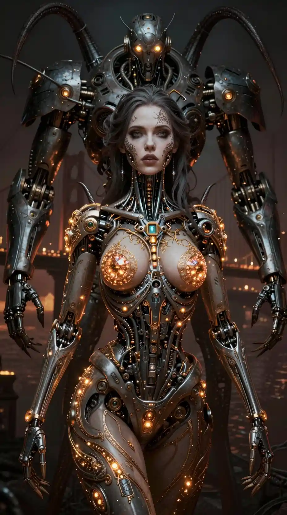 Cyborg woman and war mecha in burning gothic city