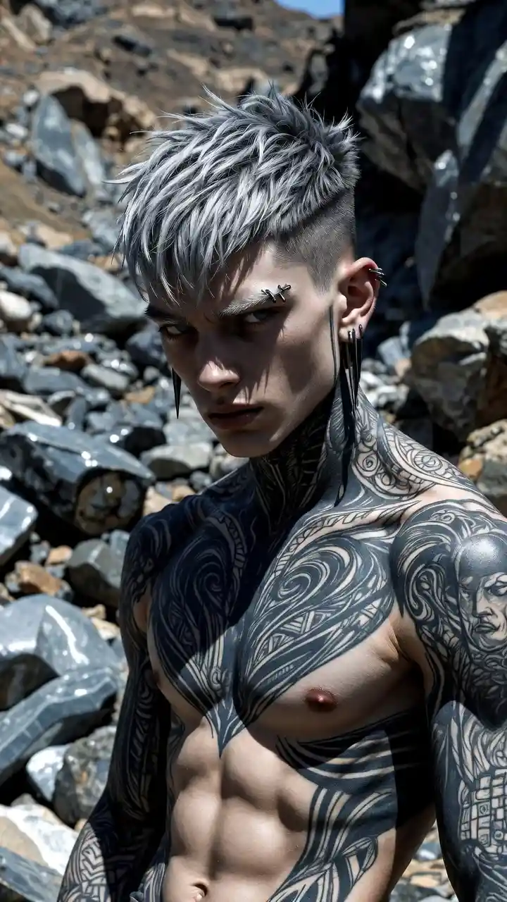 Tattooed muscular man in rocky landscape under harsh light