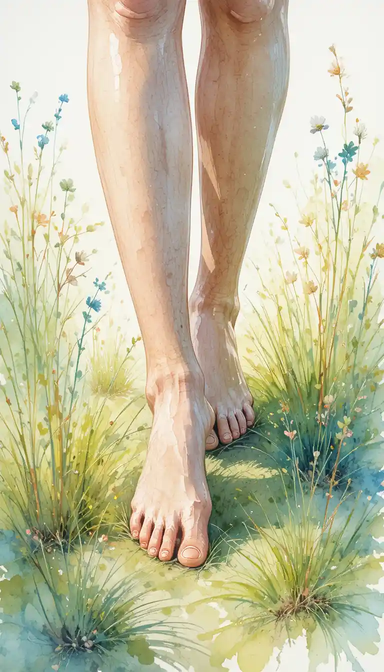 Barefoot figure walking gently across a soft grassy field