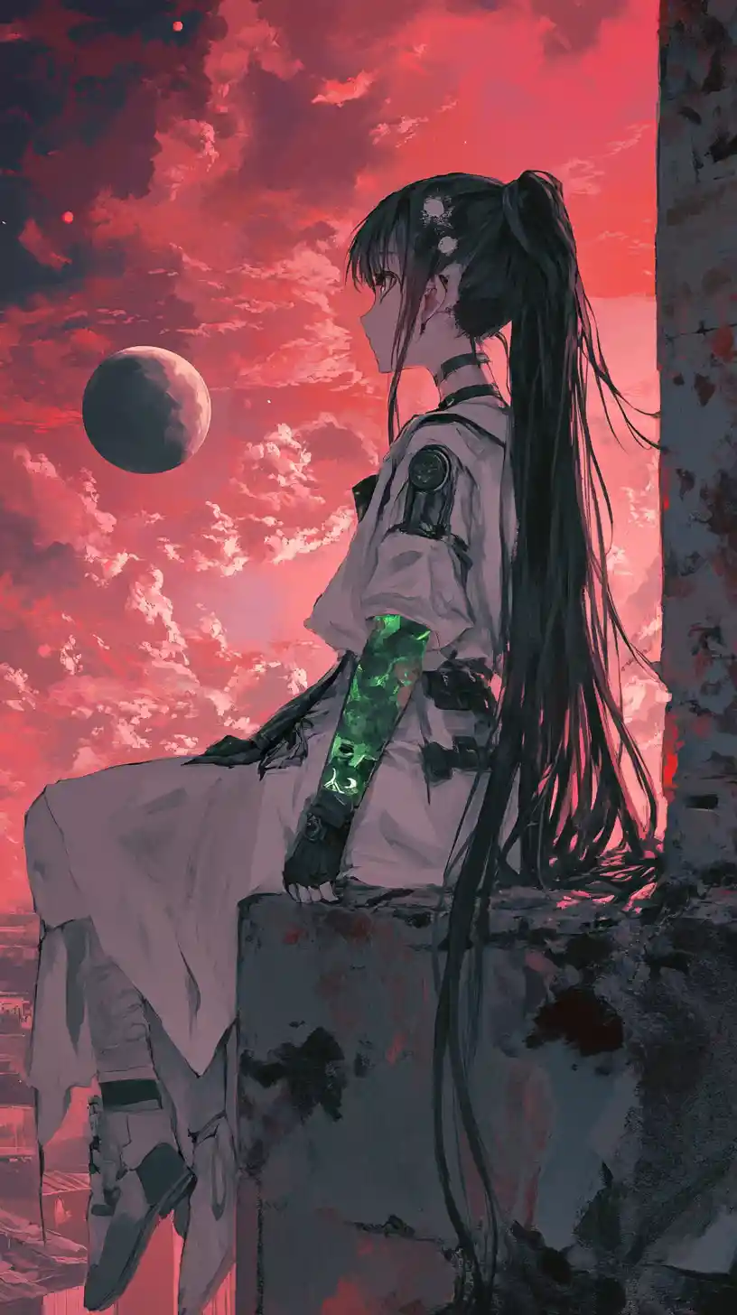 Anime girl in green dress on castle wall at sunset