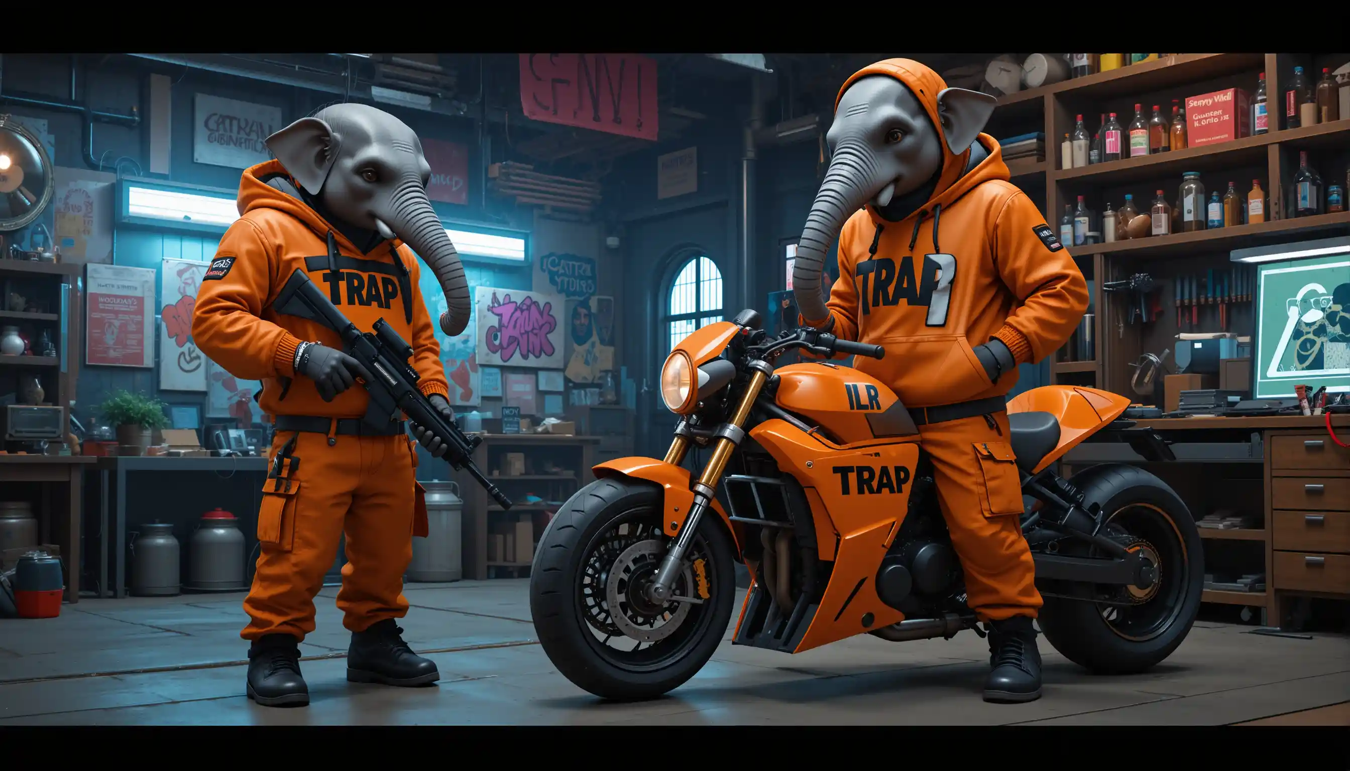 Gangster elephant beside futuristic motorcycle in neon workshop