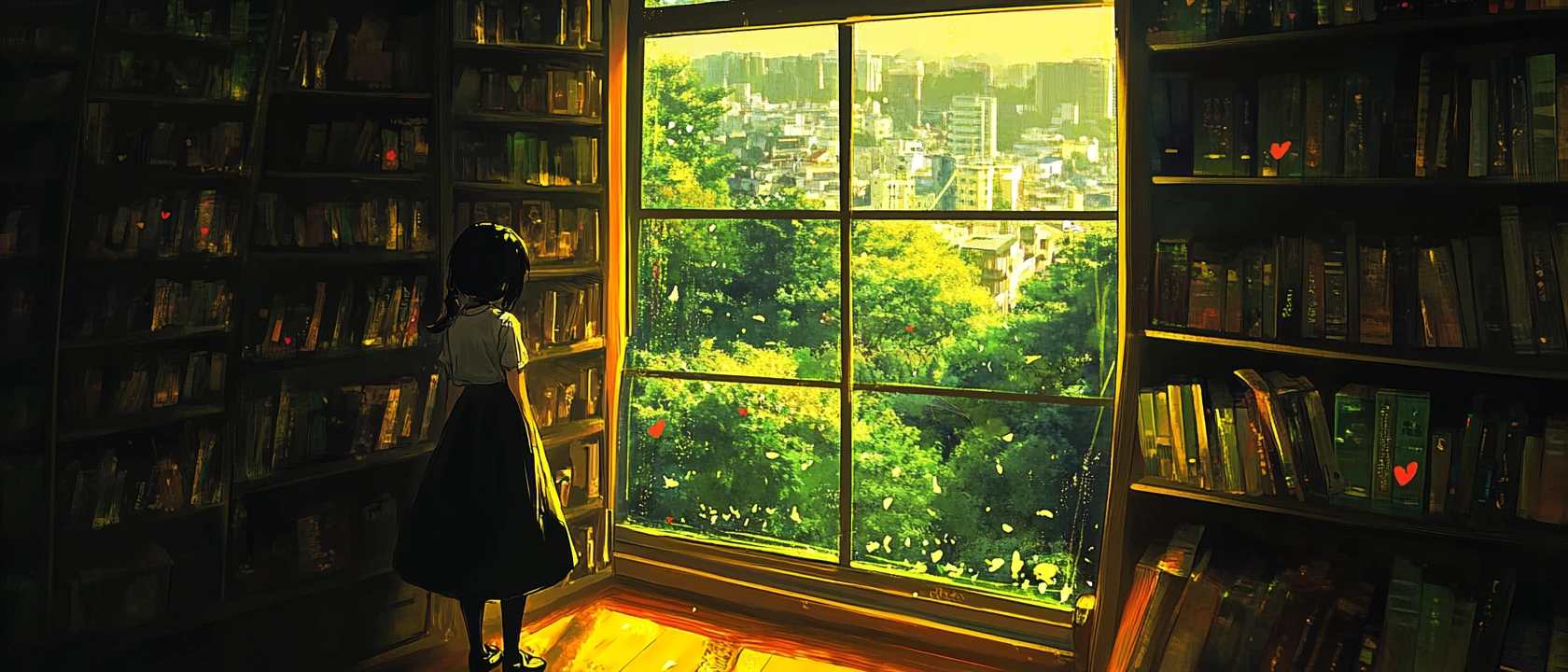 Anime girl with black cat in warm city room