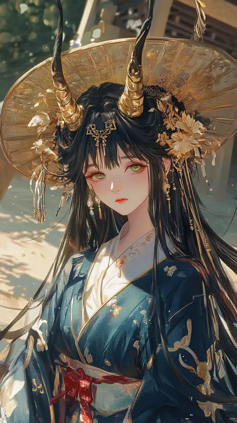 Sad horned girl in a golden green dress on beach