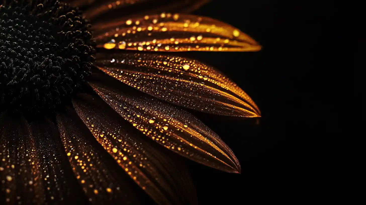 Close up dark flower petal with dew in shadow