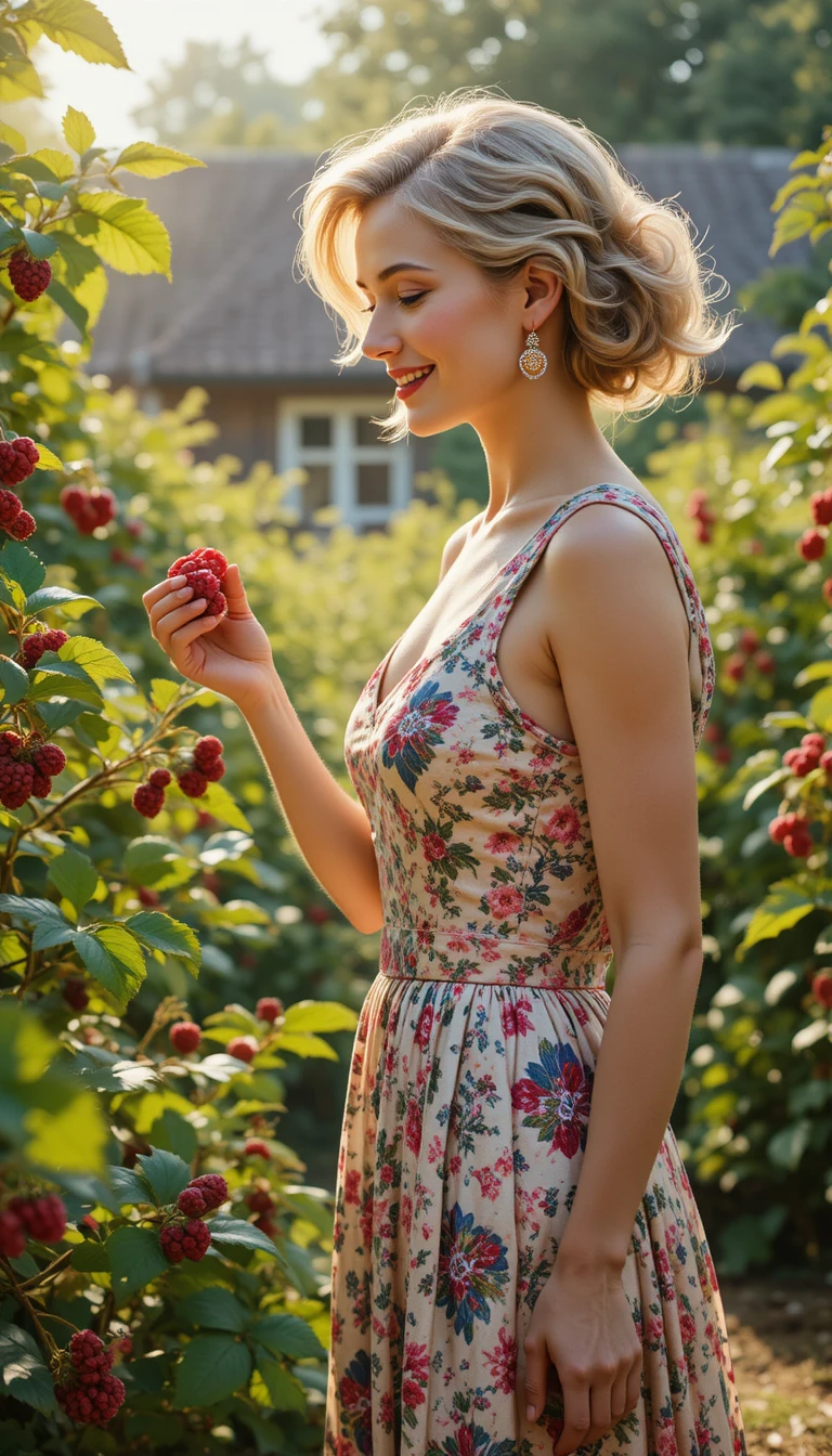 Elegant woman picking raspberries in a sunny country garden