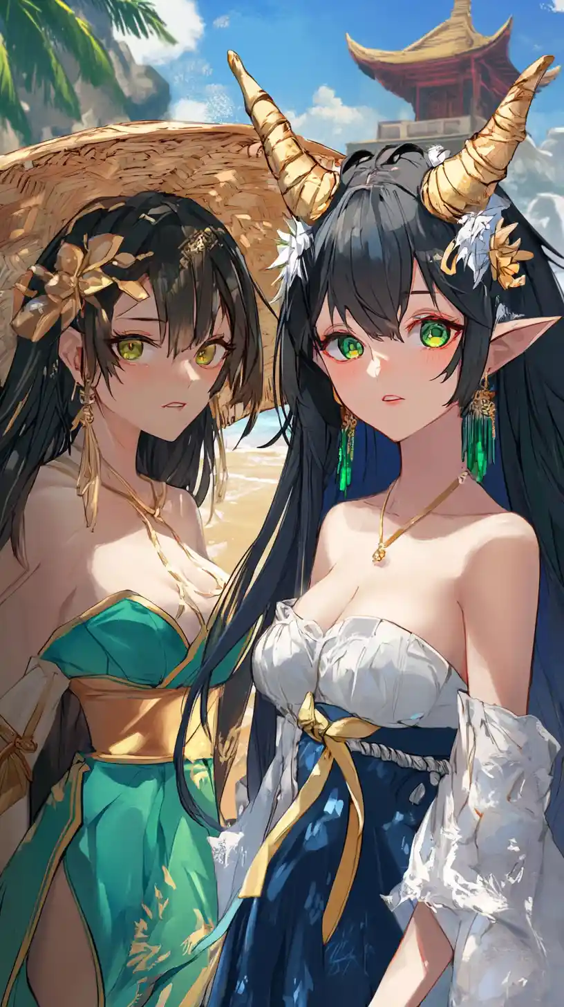 Sad horned girl in gold dress on fantasy beach