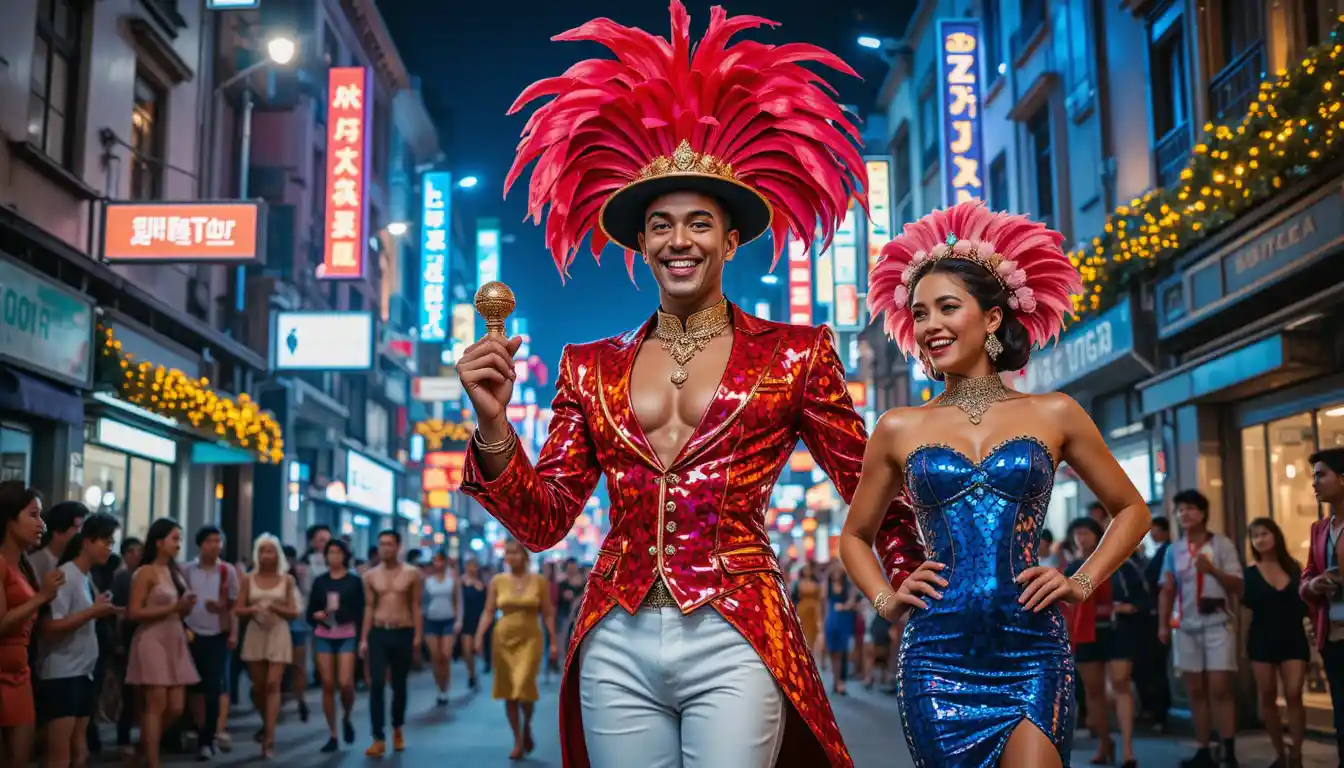 Smiling carnival performers in feathered and sequin costumes
