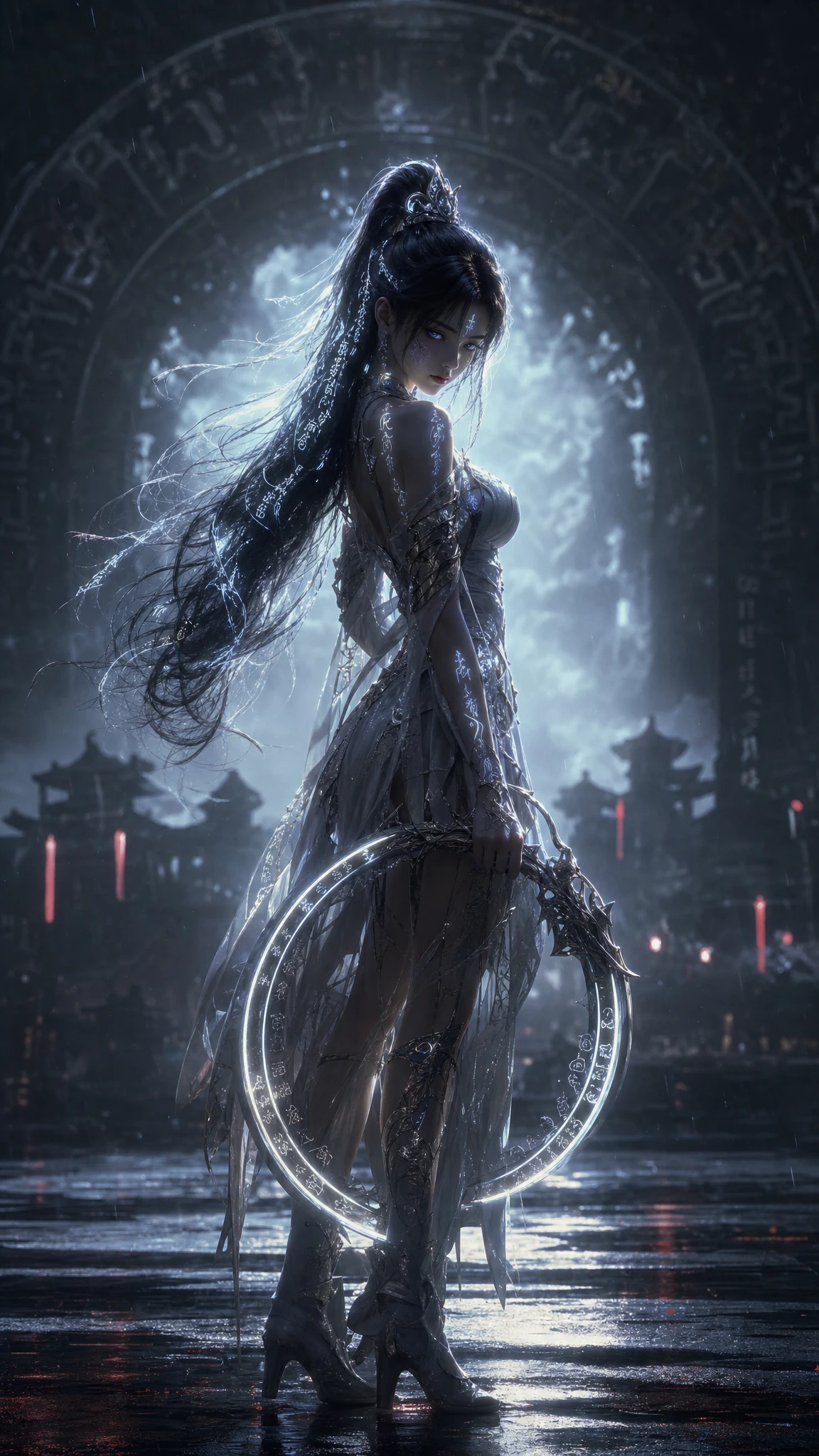 Melancholic cyber armored girl with glowing runes