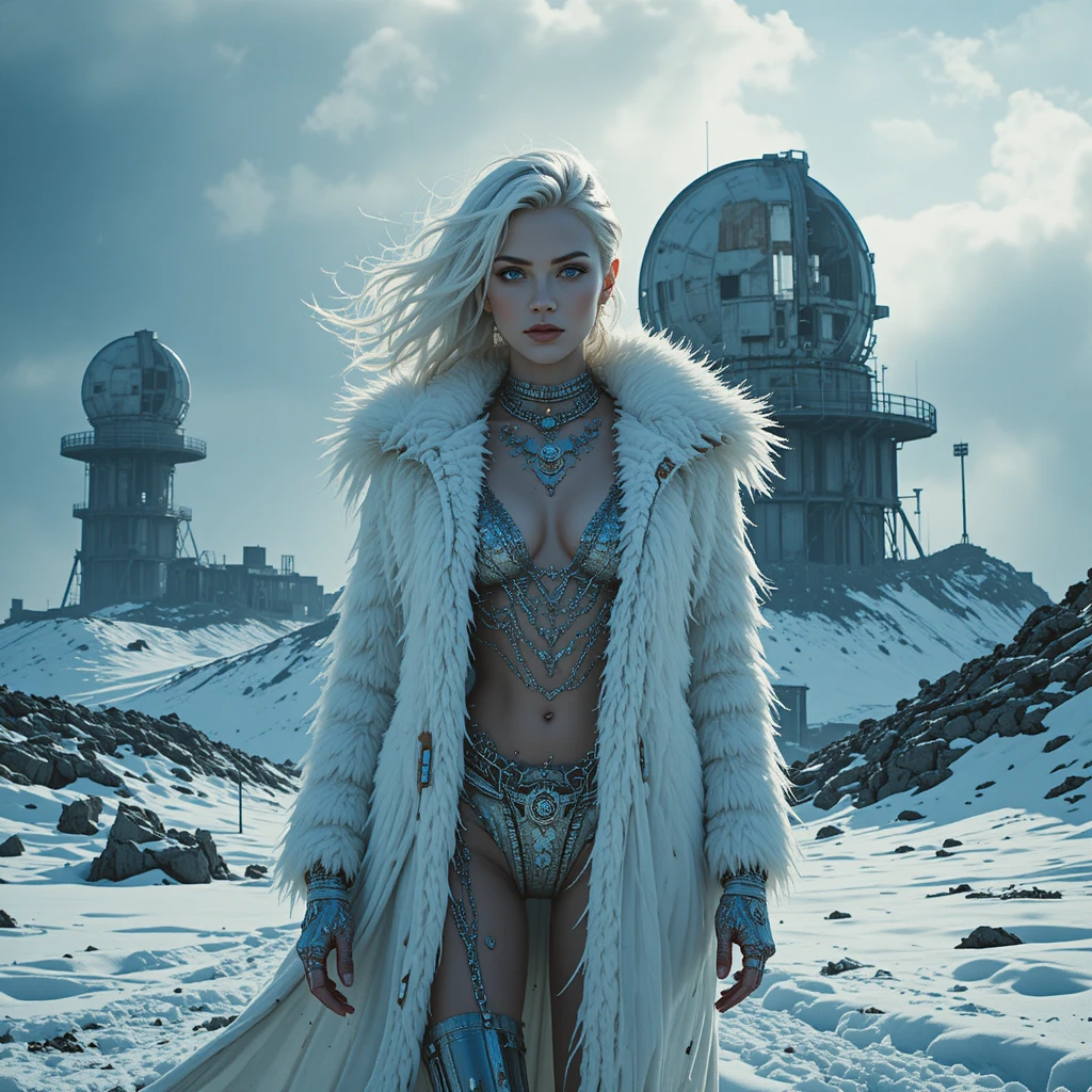 Femme fatale on ruined arctic radar station in snowstorm