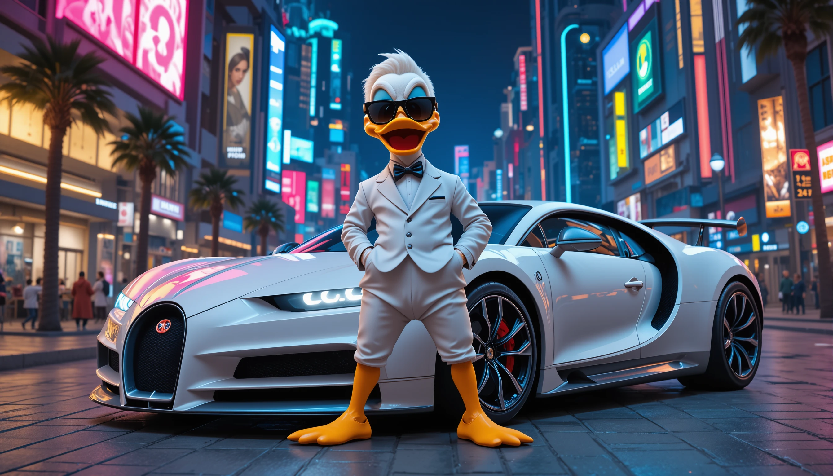 Rich cartoon duck by luxury car in Dubai night city