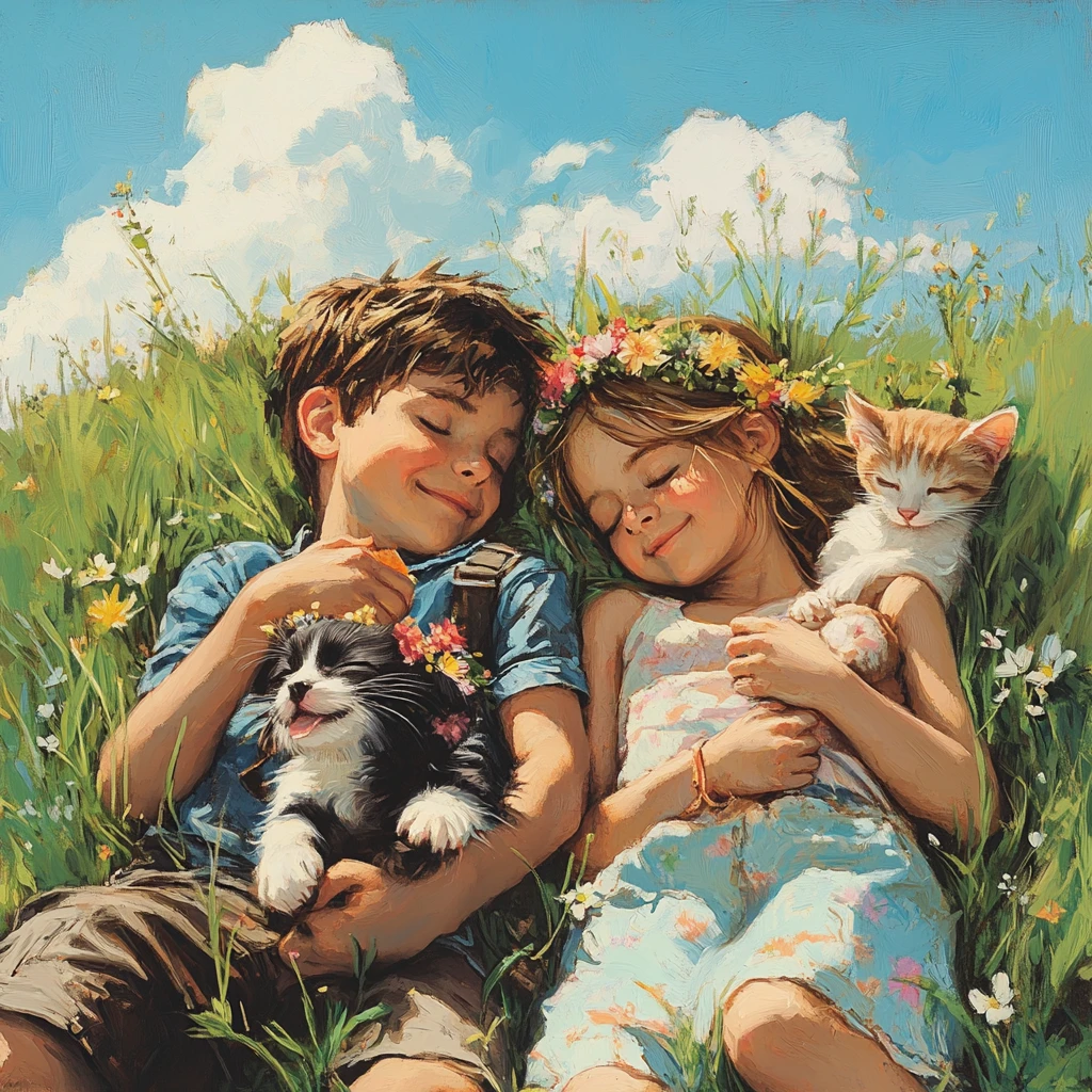Children relaxing in a sunny meadow with puppy and kitten