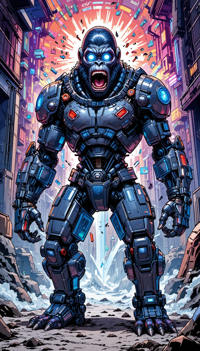 Robô mecha sci‑fi brincalhão com olhos eletrônicos brilhantes