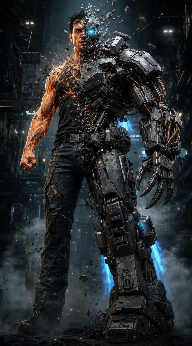 Man Transforming Into Tactical Mecha In Explosive Full Body Scene