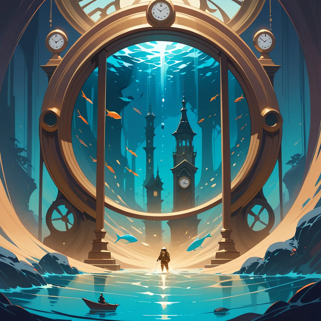 Deep sea diver among towering underwater grandfather clocks