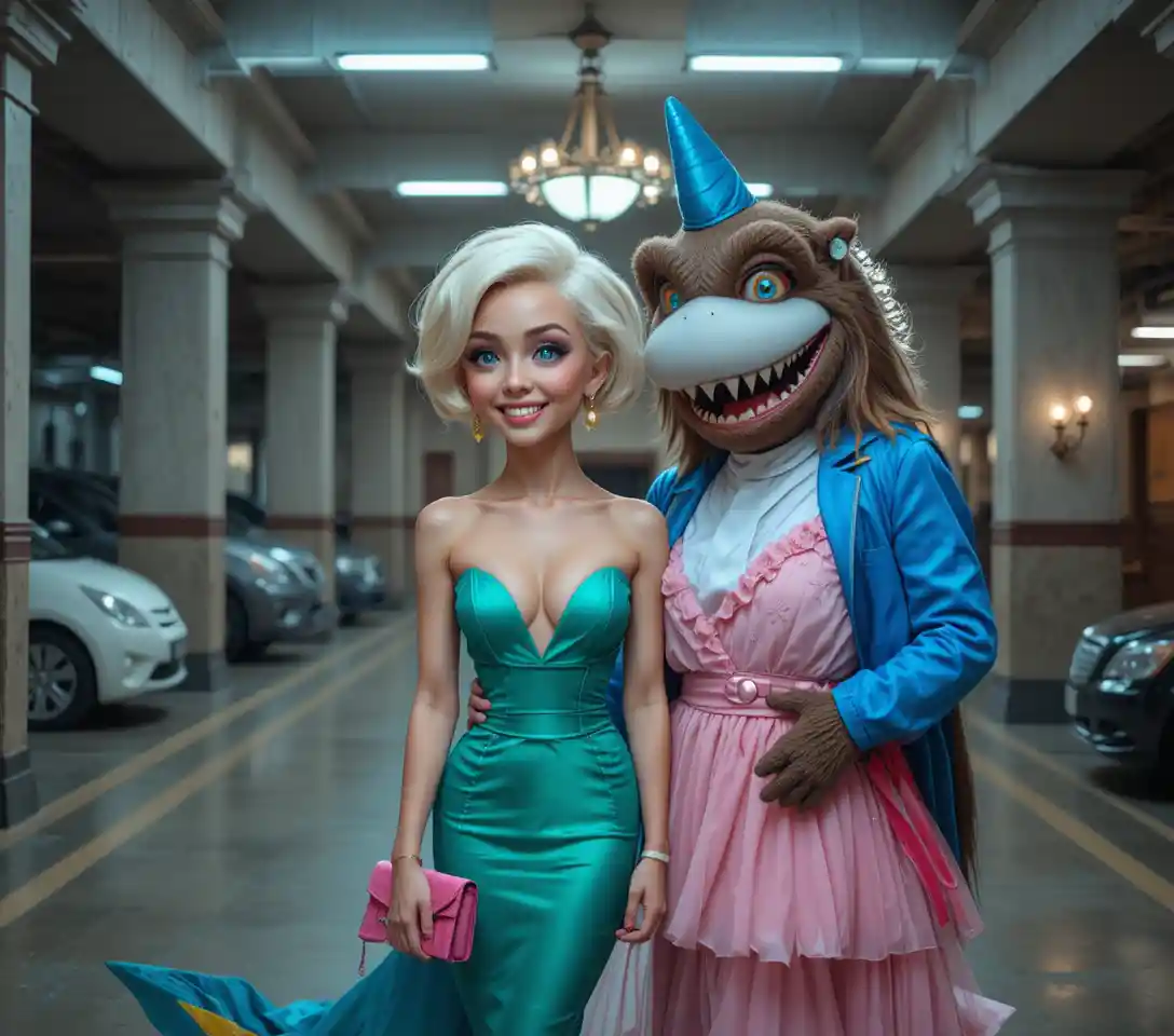 Colorful shark and walrus mascots in dim parking garage