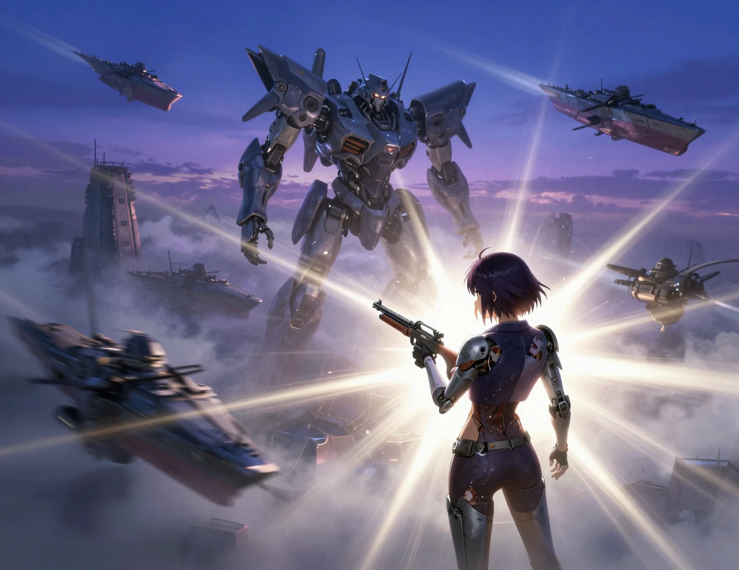 High angle view of a cyborg woman in a mechanized city