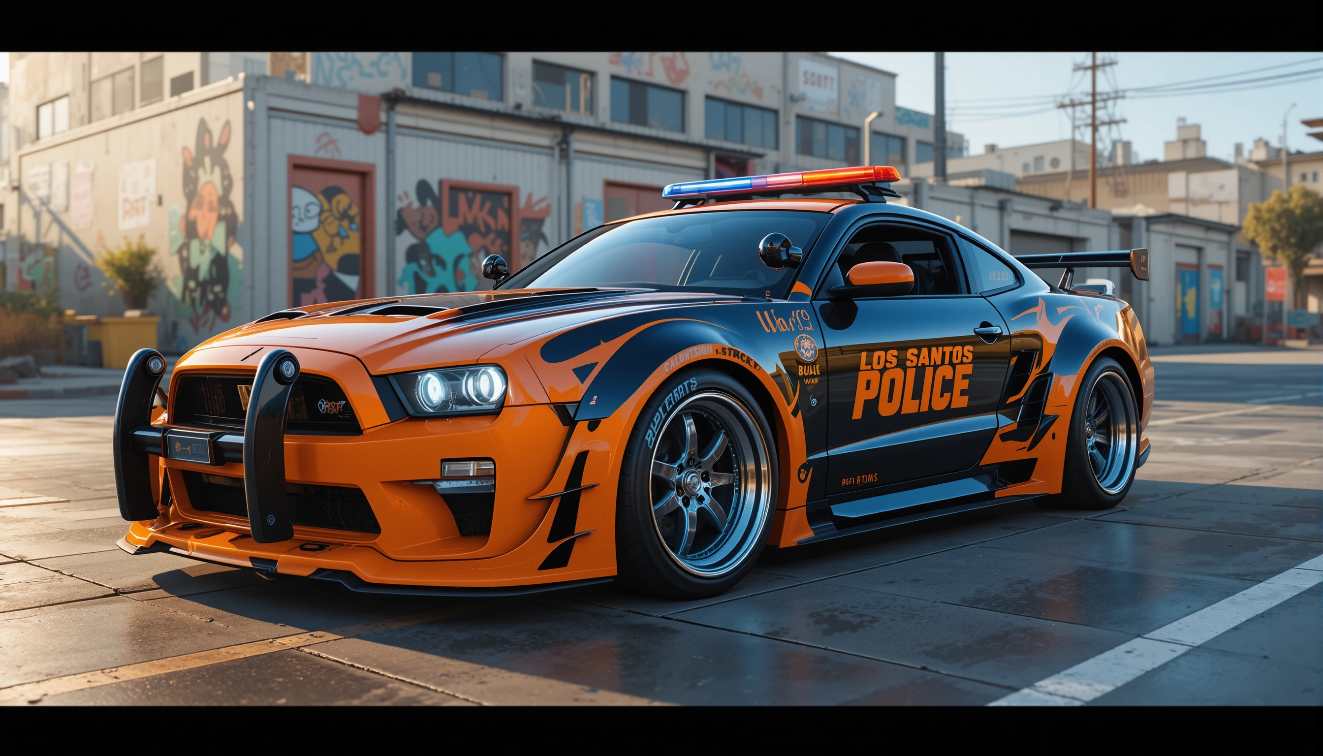 Fiery orange police supercar in an urban industrial lot