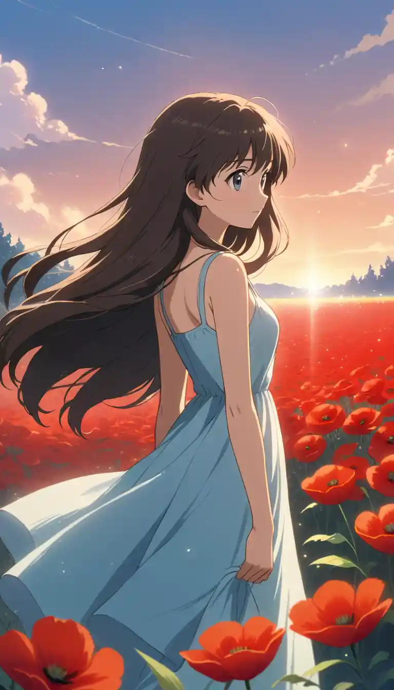 Anime girl in red poppy field at golden hour