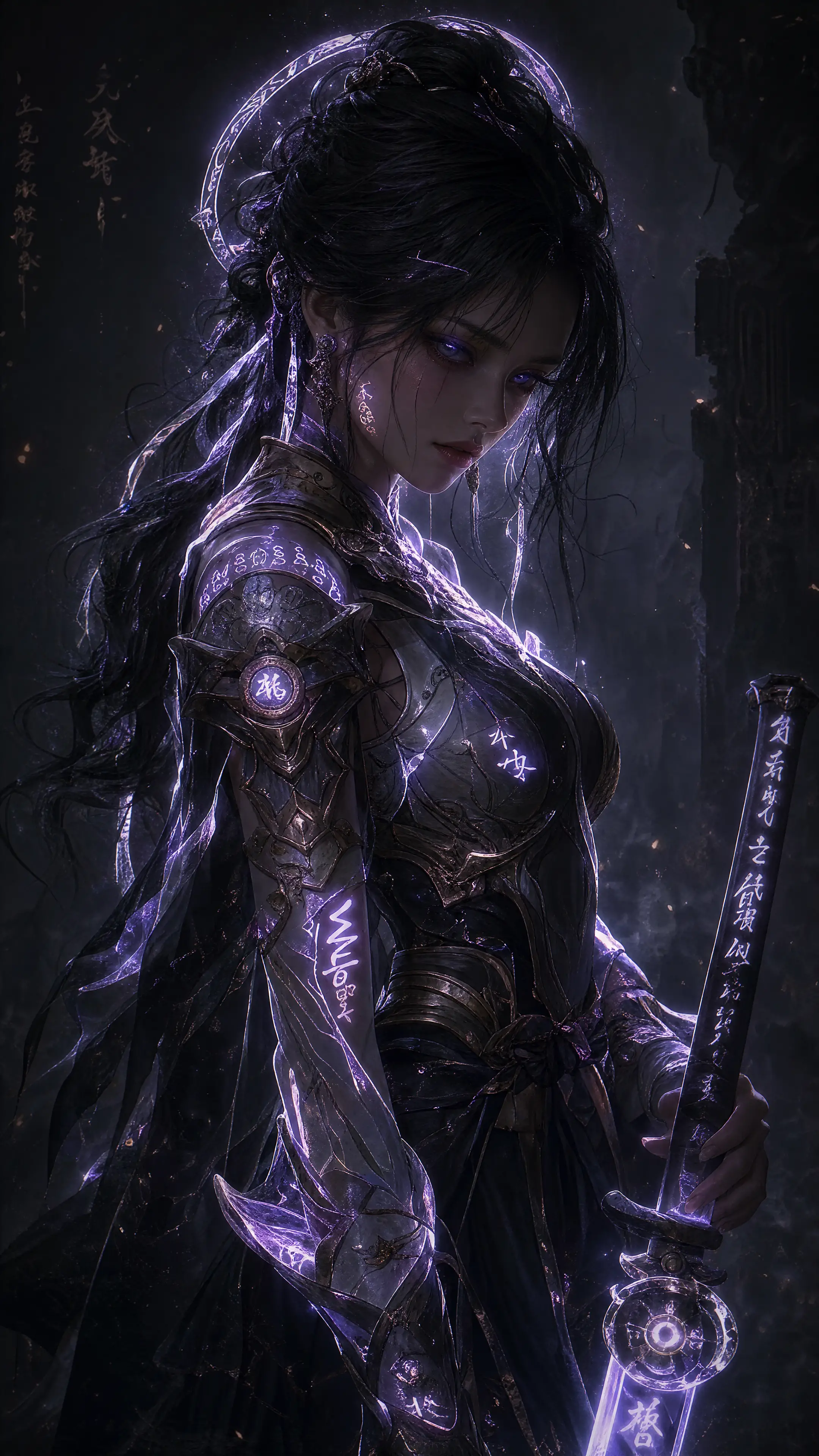 Ethereal warrior woman with glowing runes and chakra
